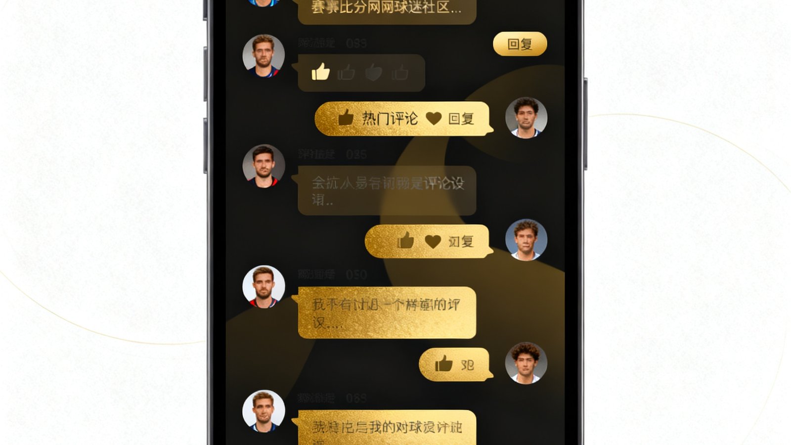 188比分网球迷社区的手机端界面截图，展示了一个赛后讨论帖的评论区，用户头像排列整齐，每条评论都带有点赞数和回复按钮，界面采用深色主题，金色高亮显示热门评论，整体设计简洁且互动感强